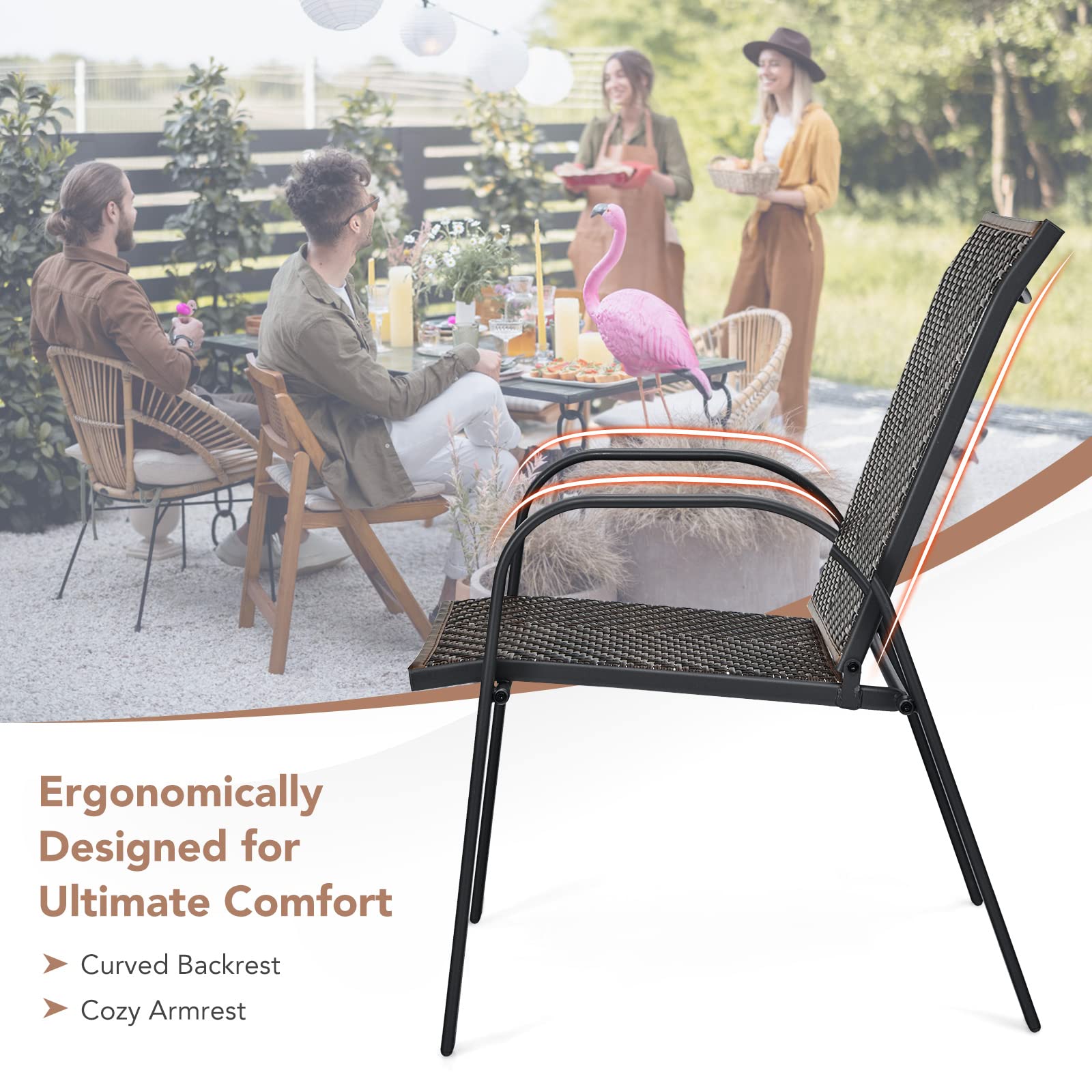 Tangkula Set of 6 Outdoor PE Wicker Stackable Chairs, Patio Dining Chairs with Sturdy Steel Frame, Outdoor Arm Chairs for Garden, Yard, Deck and Lawn (1, Mix Brown)