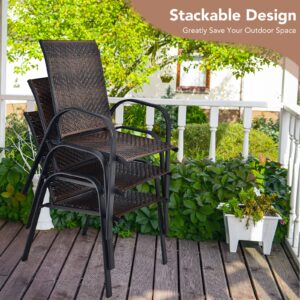 Tangkula Set of 6 Outdoor PE Wicker Stackable Chairs, Patio Dining Chairs with Sturdy Steel Frame, Outdoor Arm Chairs for Garden, Yard, Deck and Lawn (1, Mix Brown)