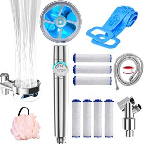 hydro jet turbo fan high pressure shower head with handheld,detachable shower head kit with back scrubber/7 filters/hose/holder/shower loofah,turbocharged shower head with pause switch(blue)
