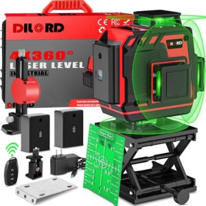 dilord 16 lines 120ft laser level, 4x360° self leveling, 4d green cross line phone and remote control for construction and picture hanging, 2 rechargeable battery, remote controller, stand included