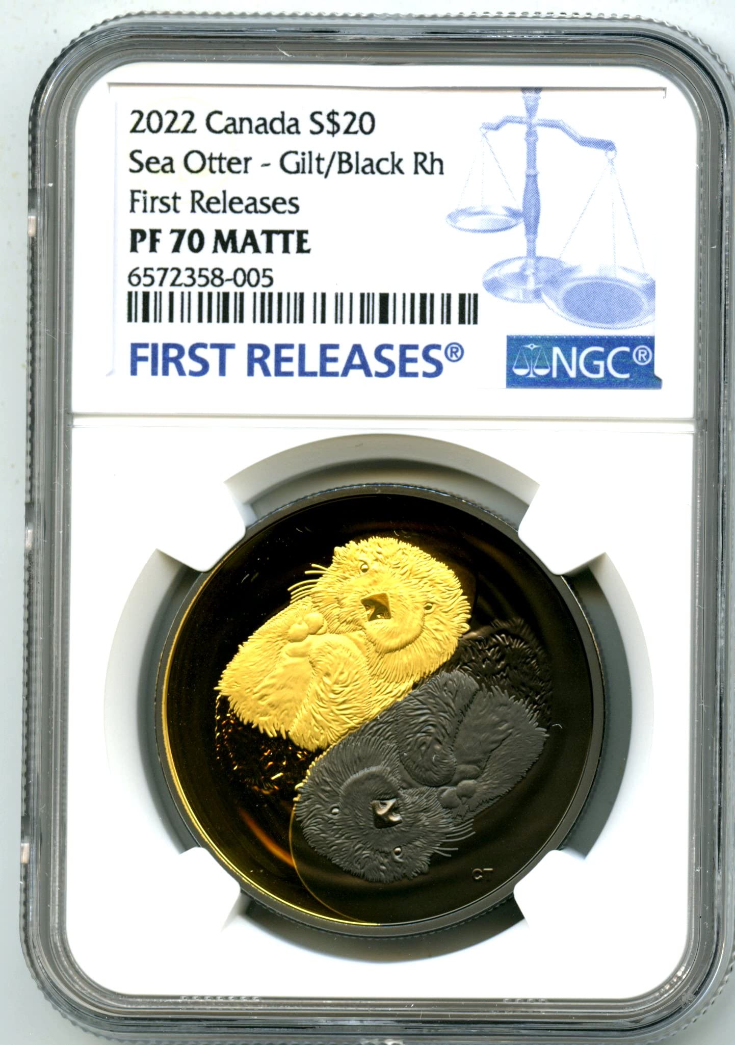 2022 CA Canada BLACK AND GOLD RHODIUM SEA OTTER 1 OZ .9999 Silver FIRST RELEASES $20 NGC PF70 MATTE