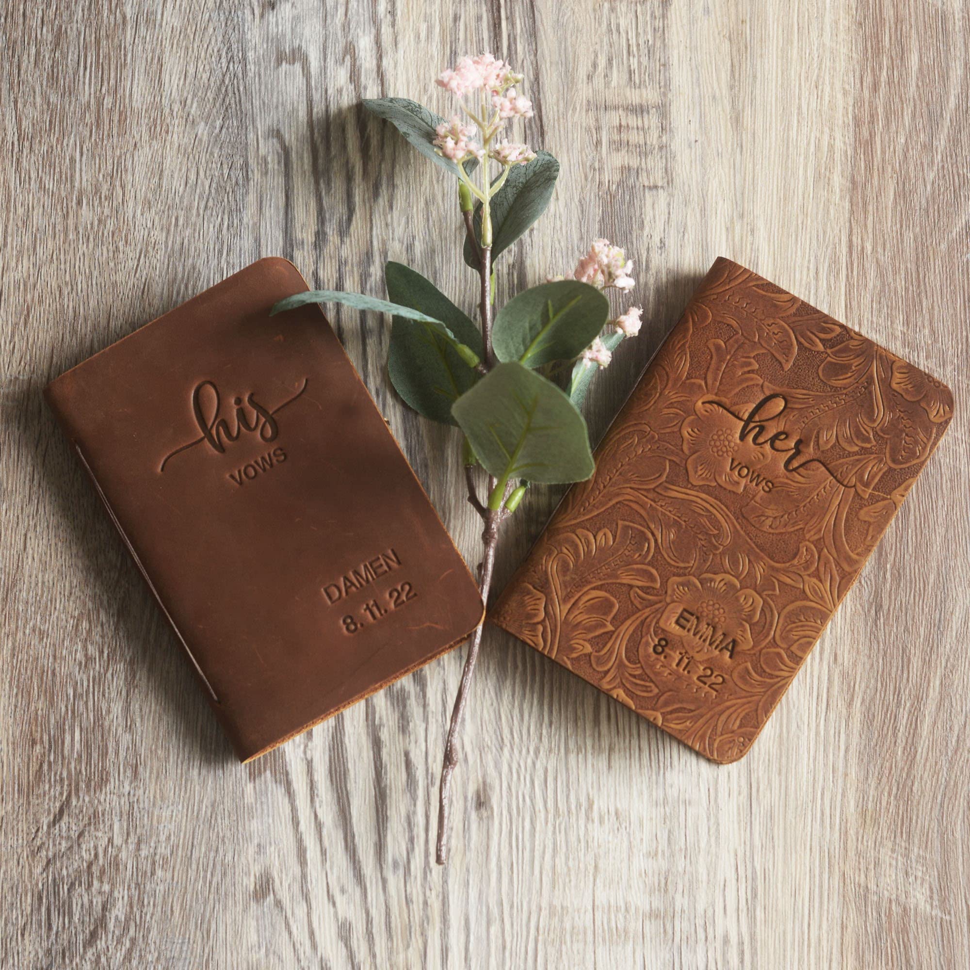 His Vows or Her Vows Stamped with Name and Date, Personalized Leather Wedding Vow Book, Set of 2 Personalized Vow Books - Brown & Tooled Brown - 3001