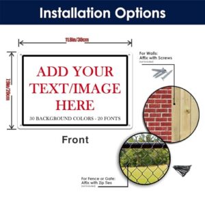 Custom Signs Outdoor Metal Sign - 12 x 8 Personalized Aluminum Rust-Proof Entrance Signs, Garden Signs, Hazard Signs, Intersection Signs, Parking Signs, Decorative Signs (Black Text Box)