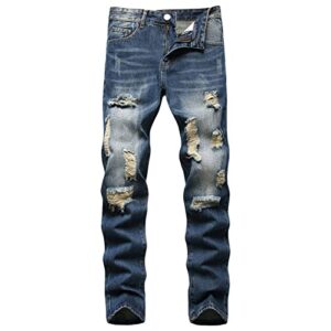 men's casual ripped jeans distressed slim fit straight leg denim pants classic destroyed washed jean trousers (blue 1,38)