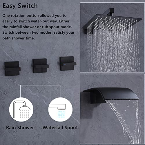 FSCEPIXI 3 Handles Tub Shower Faucet,Shower Faucet Set with Waterfall Tub Spout,Shower Trim Kit with Valve,Wall Mounted,Matte Black