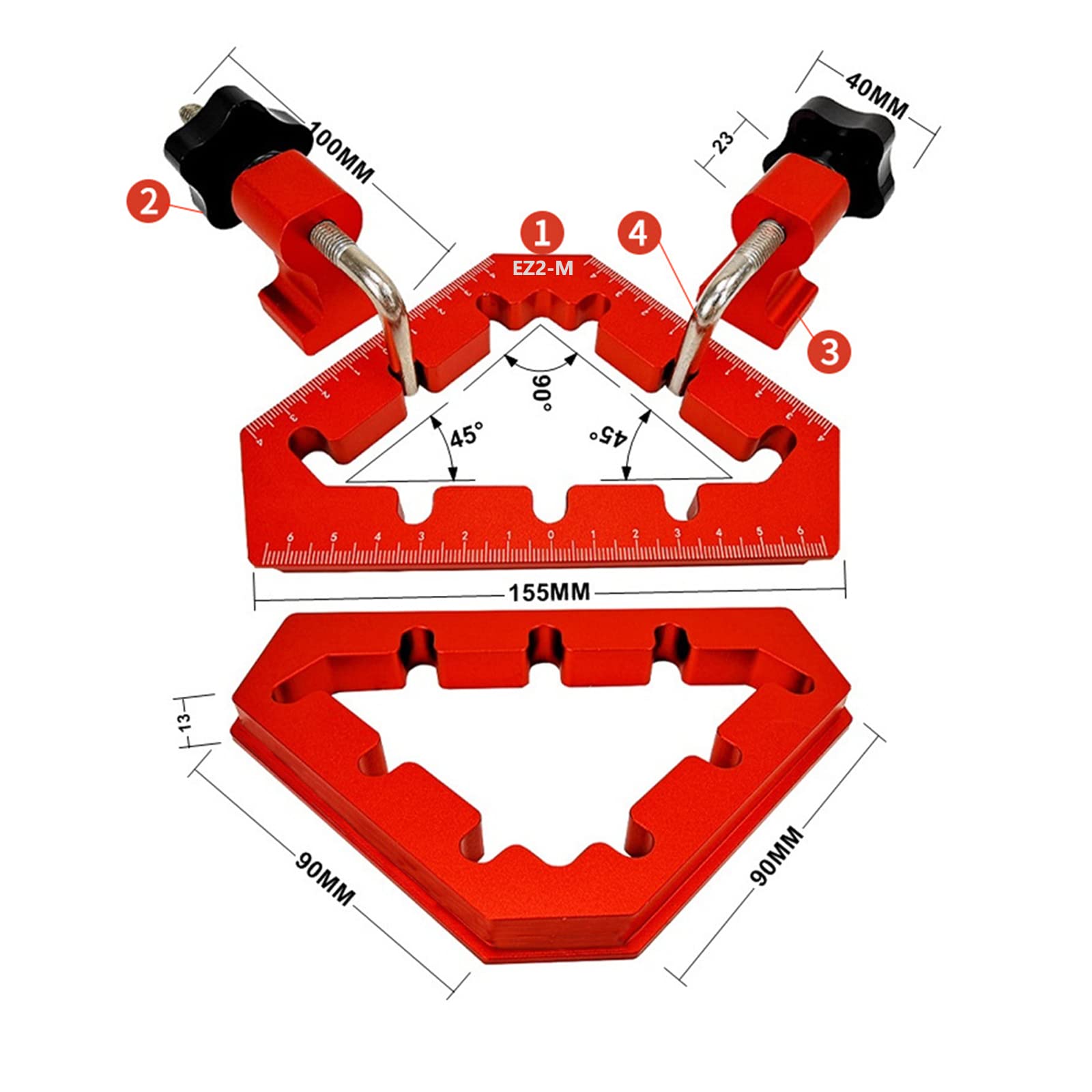 EZ2-M Clamping Squares For Woodworking 45/90 Degree Clamp Triangle Right Angle Clamp 6.1x3.54x3.54”(155x90x90MM) Aluminum Alloy Red 2PCS