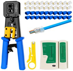 rj45 crimp tool kit pass thru cat5 cat5e cat6 rj45 crimping tool with 20pcs rj45 cat6 pass through connectors, 20pcs covers,1 wire punch down cutter and 1 network cable tester