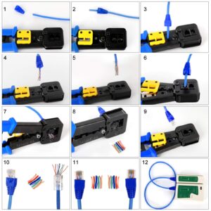 RJ45 Crimp Tool Kit Pass Thru Cat5 Cat5e Cat6 RJ45 Crimping Tool with 20PCS RJ45 Cat6 Pass Through Connectors, 20PCS Covers,1 Wire Punch Down Cutter and 1 Network Cable Tester