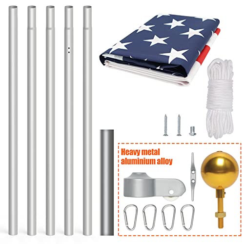 NELXINJO 20FT Sectional Flag Pole Kit, Heavy Duty Aluminum Outdoor In-Ground Flagpole, Gold Ball Top, 3x5 USA Flag for Residential commercial Outdoor Garden(20FT, Silver)