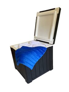 hot tub towel and robe warmer/cooler/deck box with microwavable heat pad - weather-resistant, large capacity for outdoor hot tub pool or spa (black)