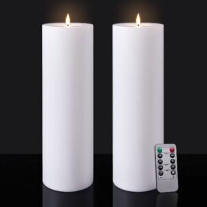 large flameless led candles outdoor: 12" x 4" battery operated pillar candles flickering with timer waterproof fake electric candles with remote for patio porch lanterns (white set of 2)