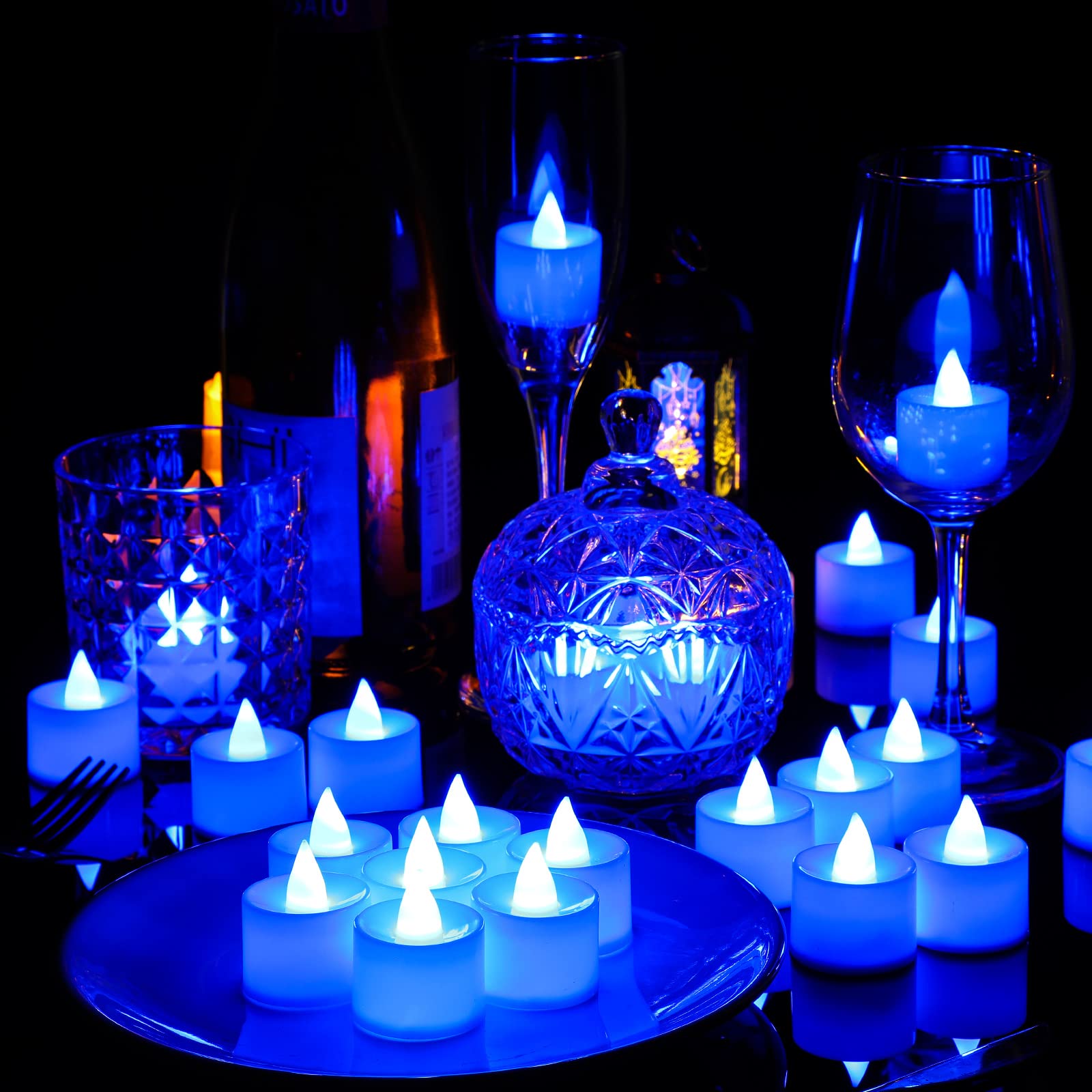 72 Pack Flameless Tea Lights Candles Blue LED Candles Wedding Flameless Flickering LED Candles Battery Operated Blue Tea Light Candle for Romantic Night Honeymoon Table Decor