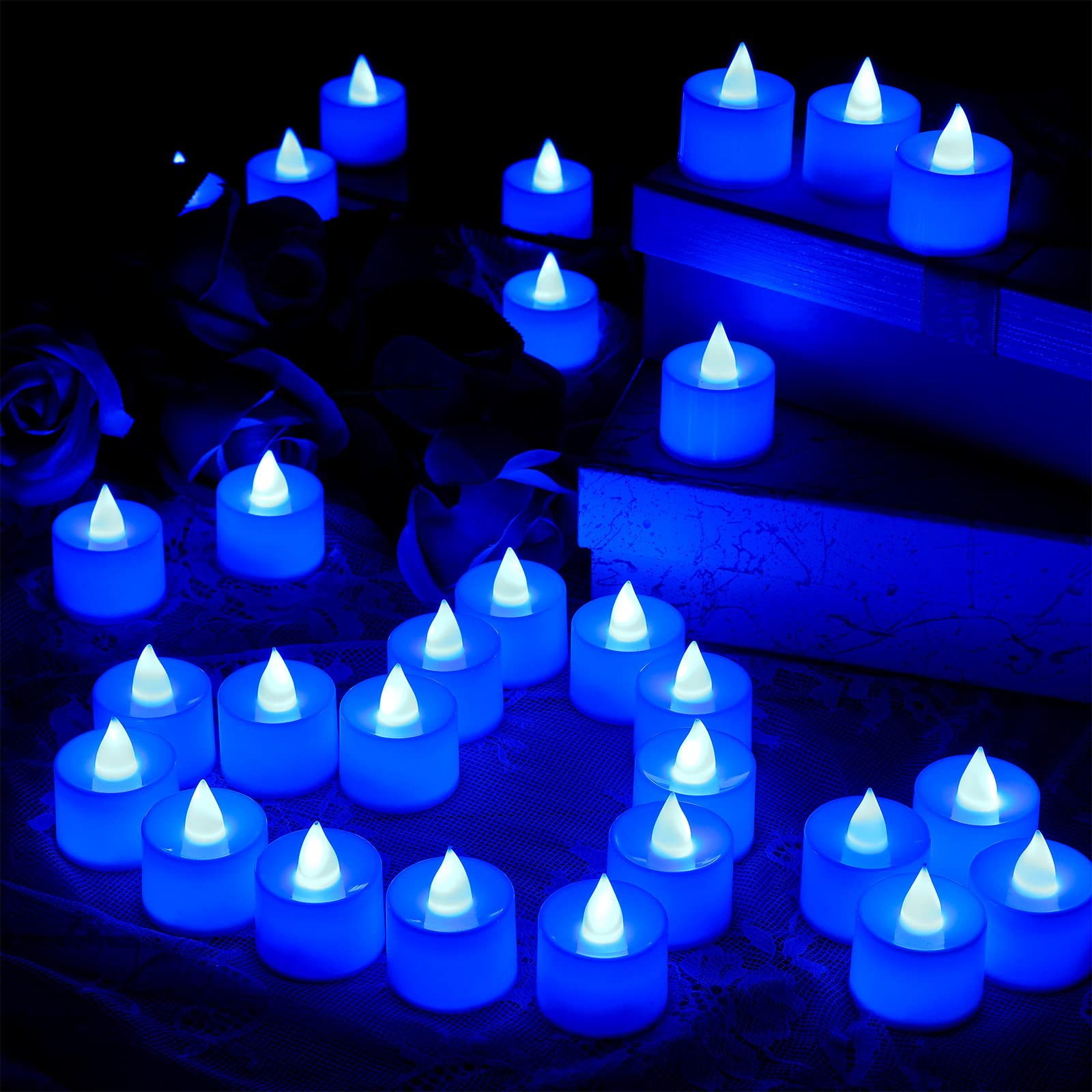 72 Pack Flameless Tea Lights Candles Blue LED Candles Wedding Flameless Flickering LED Candles Battery Operated Blue Tea Light Candle for Romantic Night Honeymoon Table Decor