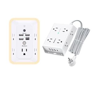 surge protector, outlet extender with night light, addtam 5-outlet splitter and 4 usb ports and 10ft surge protector power strip with 8 ac outlets and 4 usb ports(1 usb c), for home, office and dorm