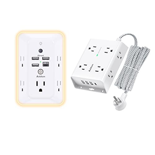 Surge Protector, Outlet Extender with Night Light, Addtam 5-Outlet Splitter and 4 USB Ports and 10Ft Surge Protector Power Strip with 8 AC Outlets and 4 USB Ports(1 USB C), for Home, Office and Dorm