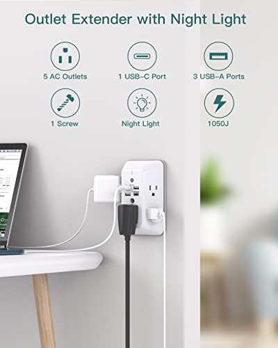 Surge Protector, Outlet Extender with Night Light, Addtam 5-Outlet Splitter and 4 USB Ports and 10Ft Surge Protector Power Strip with 8 AC Outlets and 4 USB Ports(1 USB C), for Home, Office and Dorm