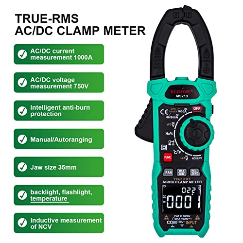 Labloot Ecofive MS213 1000A True RMS AC/DC Voltage Current Diode Capacitance Frequency Temperature NCV VFC Clamp Meter