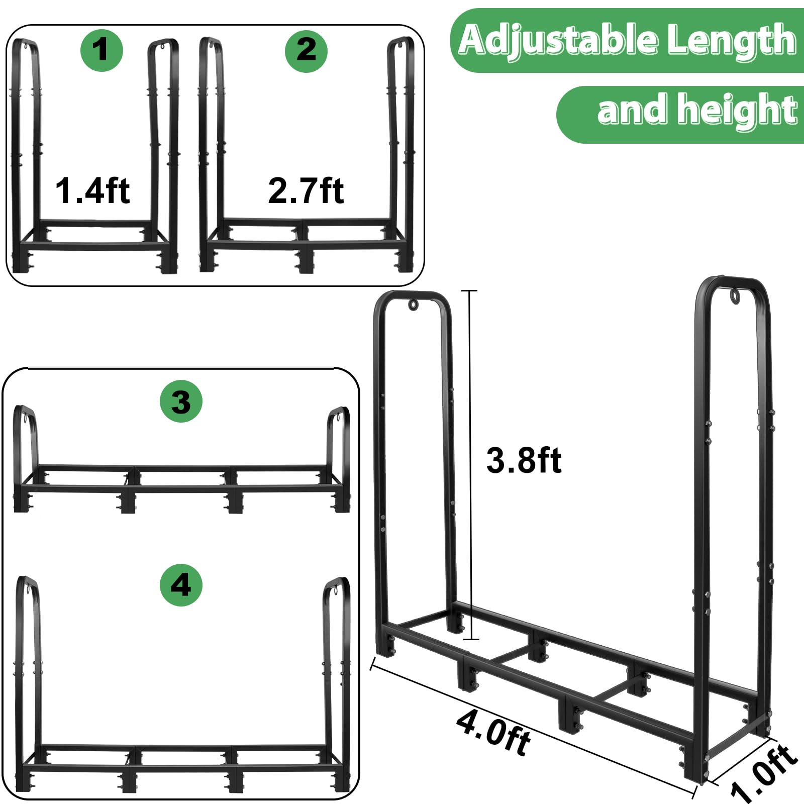 CONNOO 4ft Firewood Rack Stand Heavy Duty Firewood Log Rack Holder Fireplace Wood Storage Holder for Indoor Outdoor Metal Pile Log Stand Stacker Holder, Matte Black