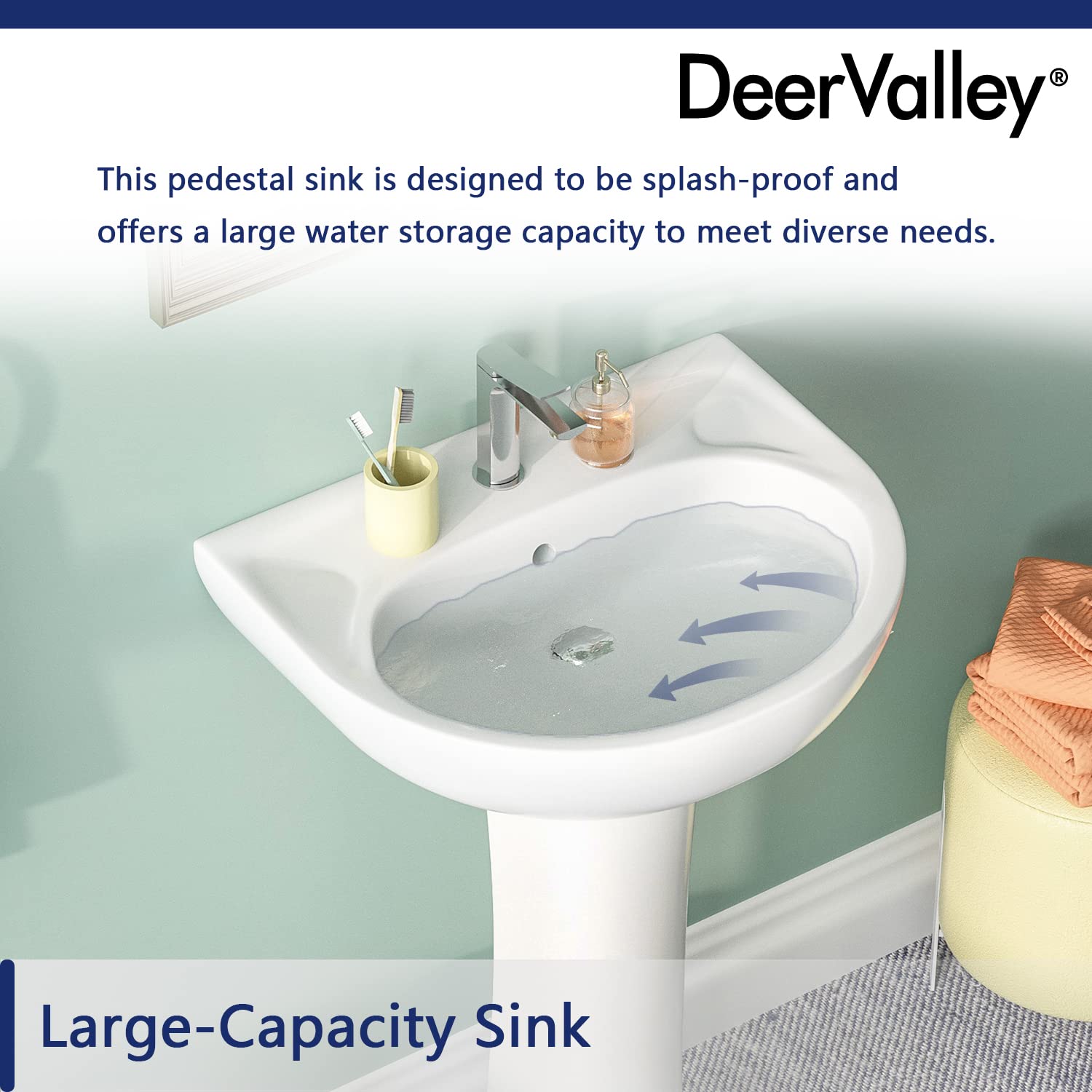 DeerValley DV-1P525 Ally 20" X 17" Modern U-Shape White Ceramic Pedestal Bathroom Sink With Overflow