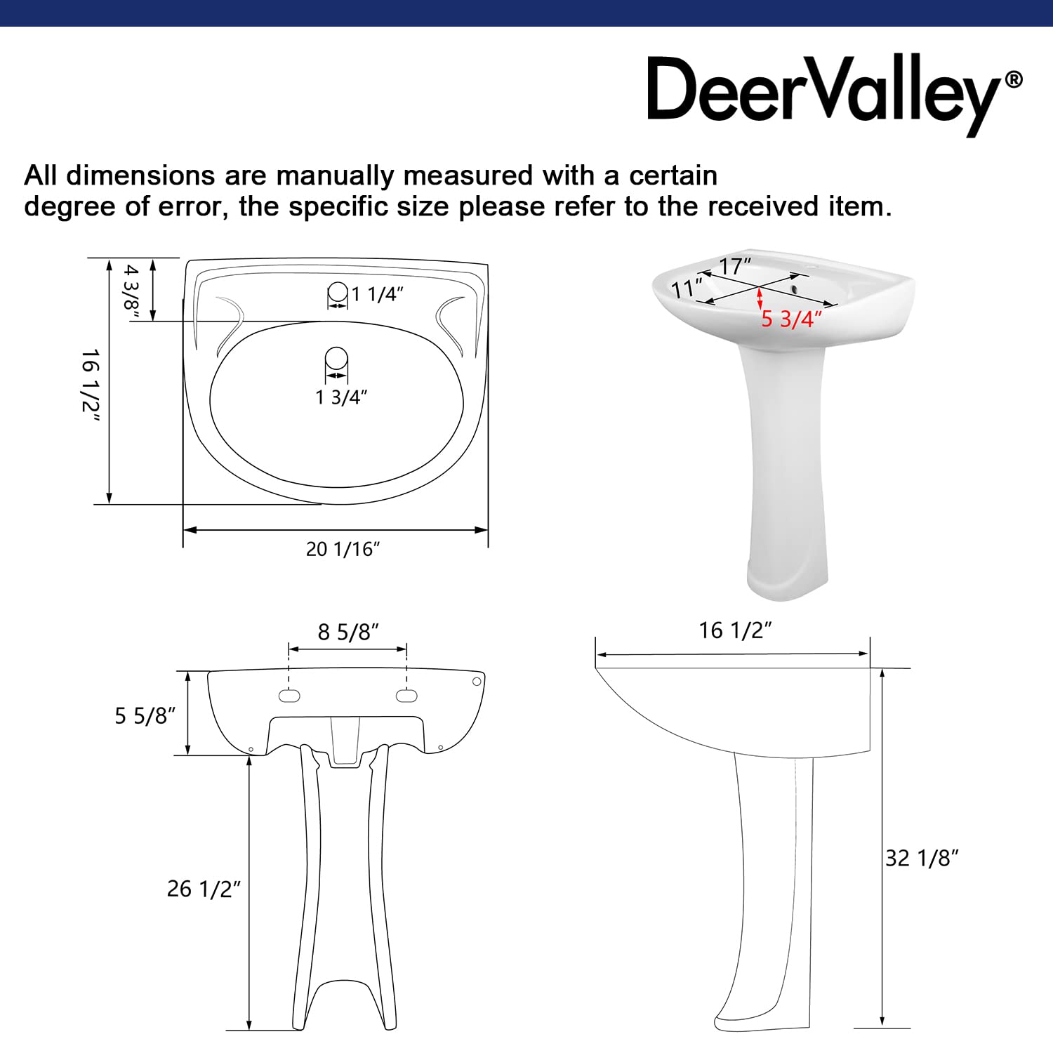 DeerValley DV-1P525 Ally 20" X 17" Modern U-Shape White Ceramic Pedestal Bathroom Sink With Overflow