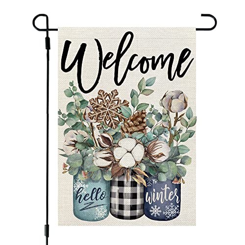 CROWNED BEAUTY Winter Garden Flag Floral Mason Jar 12x18 Inch Small Double Sided Yard Decorative Holiday Seasonal Outside Welcome Burlap Farmhouse Decoration