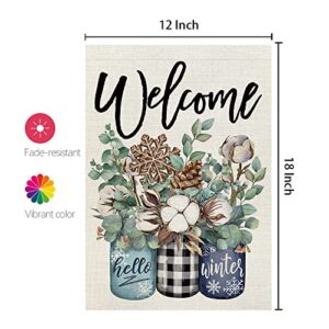 CROWNED BEAUTY Winter Garden Flag Floral Mason Jar 12x18 Inch Small Double Sided Yard Decorative Holiday Seasonal Outside Welcome Burlap Farmhouse Decoration