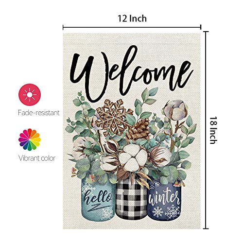 CROWNED BEAUTY Winter Garden Flag Floral Mason Jar 12x18 Inch Small Double Sided Yard Decorative Holiday Seasonal Outside Welcome Burlap Farmhouse Decoration