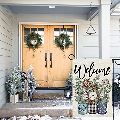 CROWNED BEAUTY Winter Garden Flag Floral Mason Jar 12x18 Inch Small Double Sided Yard Decorative Holiday Seasonal Outside Welcome Burlap Farmhouse Decoration