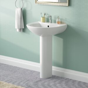 deervalley dv-1p523 compact white ceramic pedestal sink, 20" x 17" inch pedestal bathroom sink with overflow and pre-drilled single hole