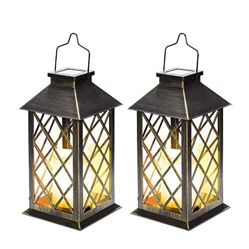 Solar Lanterns Outdoor Waterproof, Set of 2 Outdoor Lanterns for Patio Waterproof,14 Inch Waterproof LED Flickering Flameless Candle Mission Lights Garden Hanging Lanterns for Outdoor Halloween Decor