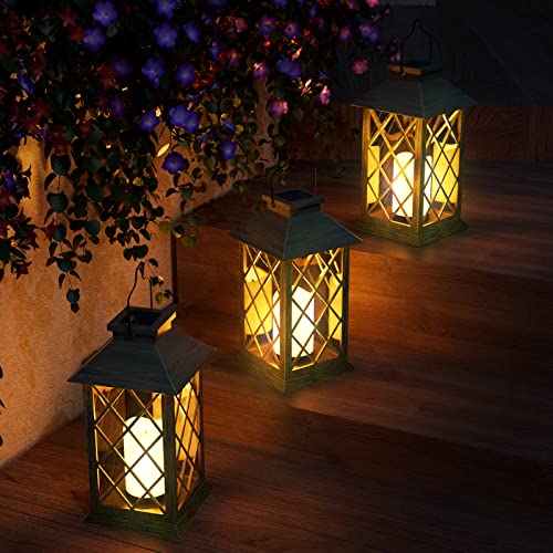 Solar Lanterns Outdoor Waterproof, Set of 2 Outdoor Lanterns for Patio Waterproof,14 Inch Waterproof LED Flickering Flameless Candle Mission Lights Garden Hanging Lanterns for Outdoor Halloween Decor