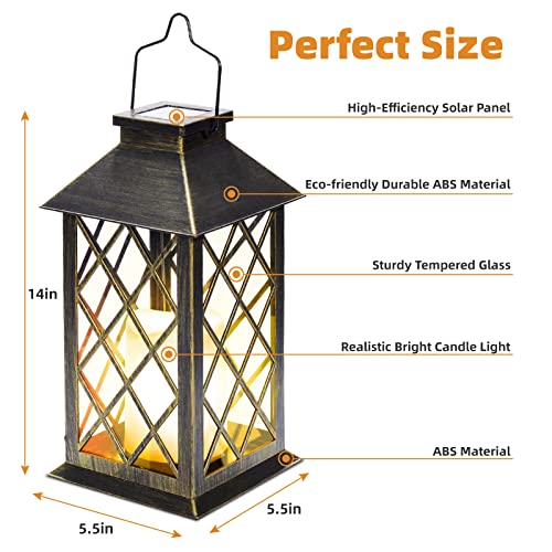 Solar Lanterns Outdoor Waterproof, Set of 2 Outdoor Lanterns for Patio Waterproof,14 Inch Waterproof LED Flickering Flameless Candle Mission Lights Garden Hanging Lanterns for Outdoor Halloween Decor