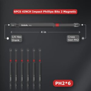 4 inch Magnetic Impact Phillips Bit #2 Insert Bits Anti-Slip Long Phillips Screwdriver Bits Magnetic PH2 1/4 Inch Hex Shank Cross Impact Driver Bit with Case for Power Drill (6PC,100mm)