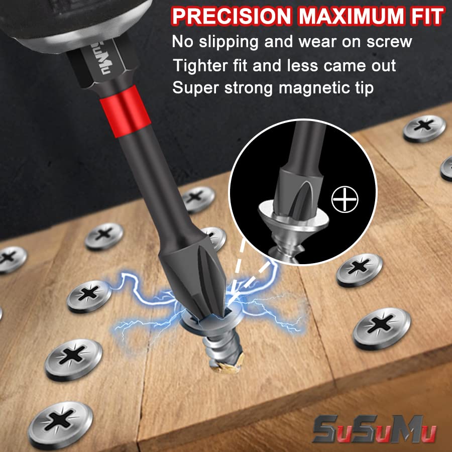 4 inch Magnetic Impact Phillips Bit #2 Insert Bits Anti-Slip Long Phillips Screwdriver Bits Magnetic PH2 1/4 Inch Hex Shank Cross Impact Driver Bit with Case for Power Drill (6PC,100mm)