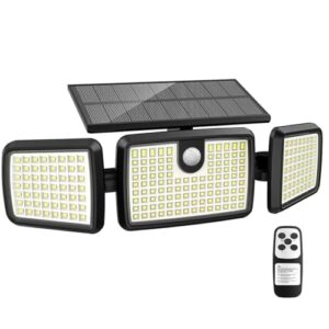 solar lights outdoor, 3 head solar motion lights outdoor with 2500lm 232 leds high brightness, built-in bigger tempered glass solar panel, sensitive pir motion inductor