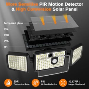 Solar Lights Outdoor, 3 Head Solar Motion Lights Outdoor with 2500LM 232 LEDs High Brightness, Built-in Bigger Tempered Glass Solar Panel, Sensitive PIR Motion Inductor