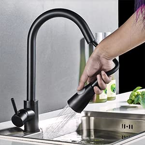 Klabb HB-3 Kitchen Faucet Sprayer Head Replacement - Pull Down Faucet Spray Head, Pull Out Faucet Sprayer Nozzle, 3 Function Kitchen Tap Spray Spout Part, Only For G1/2 Connector, Matte Black