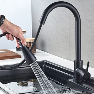 Klabb HB-3 Kitchen Faucet Sprayer Head Replacement - Pull Down Faucet Spray Head, Pull Out Faucet Sprayer Nozzle, 3 Function Kitchen Tap Spray Spout Part, Only For G1/2 Connector, Matte Black