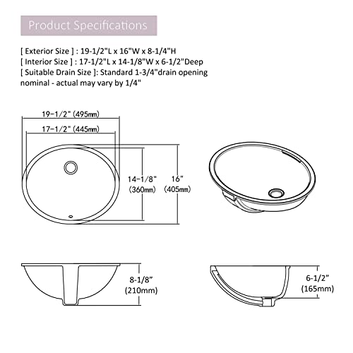 MEJE 19.5"x16" Oval Shape Bathroom Sink Undermount, Modern Pure White Porcelain Ceramic Vanity Top Sink, Basin with Overflow