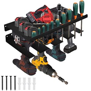 ganggend power tool organizer wall mount, heavy duty electric drill holder for 4 drills, tool storage rack for garage home and workshop, cordless tool shelf black.