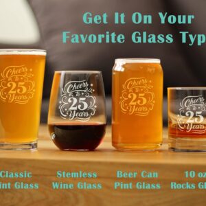 Cheers to 25 Years - Whiskey Rocks Glass Gifts for Women & Men - 25th Anniversary Party Decor - 10.25 Oz Glasses