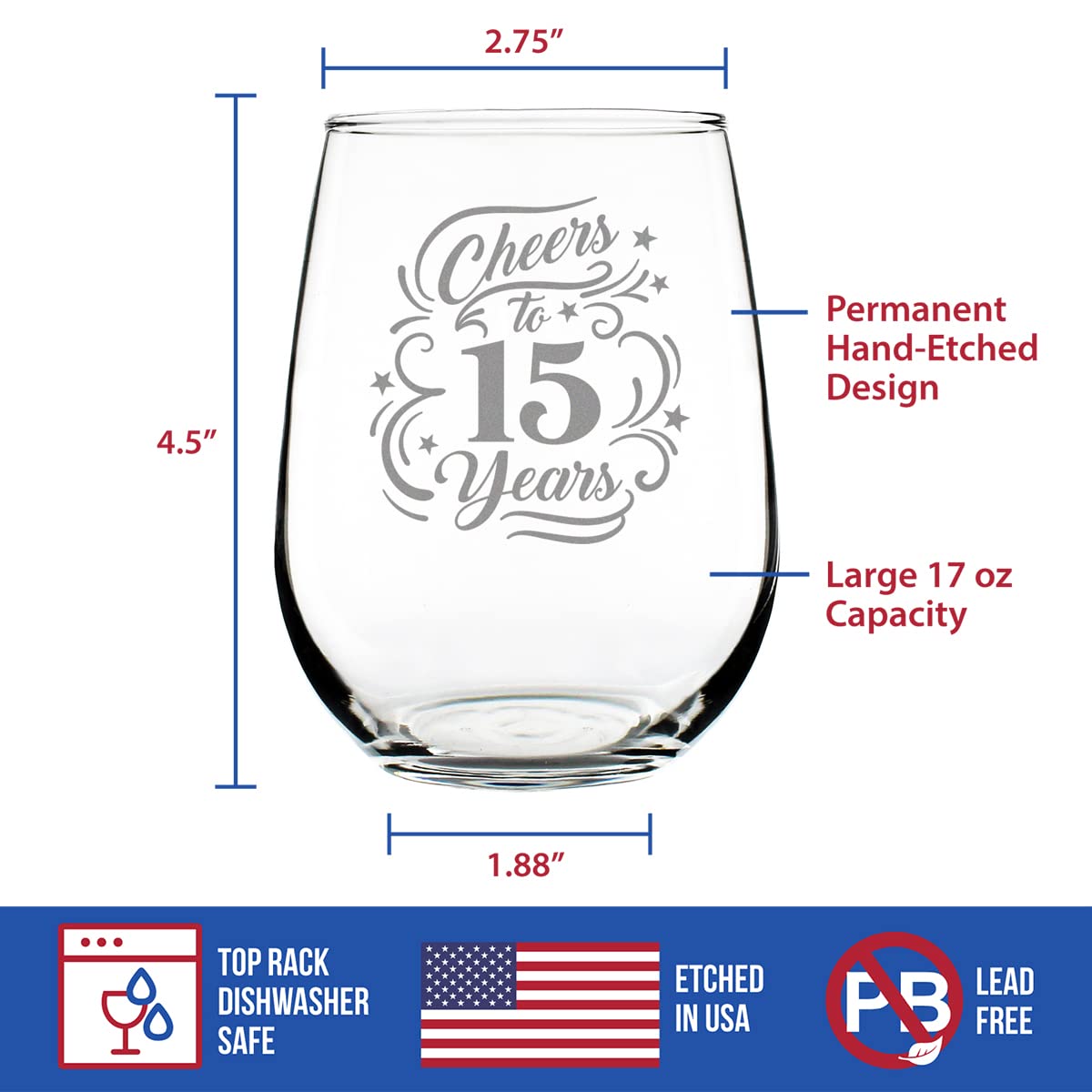 Cheers to 15 Years - Stemless Wine Glass Gifts for Women & Men - 15th Anniversary Party Decor - Large 17 Oz Glasses