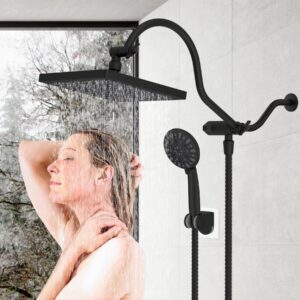 Hibbent 8 Inch High Pressure Rainfall Shower Head/Handheld Showerhead Combo with 12 Inch Adjustable Curved Shower Extension Arm,7-Spray,71-inch Hose Adhesive Showerhead Holder,Oil-Rubbed Bronze
