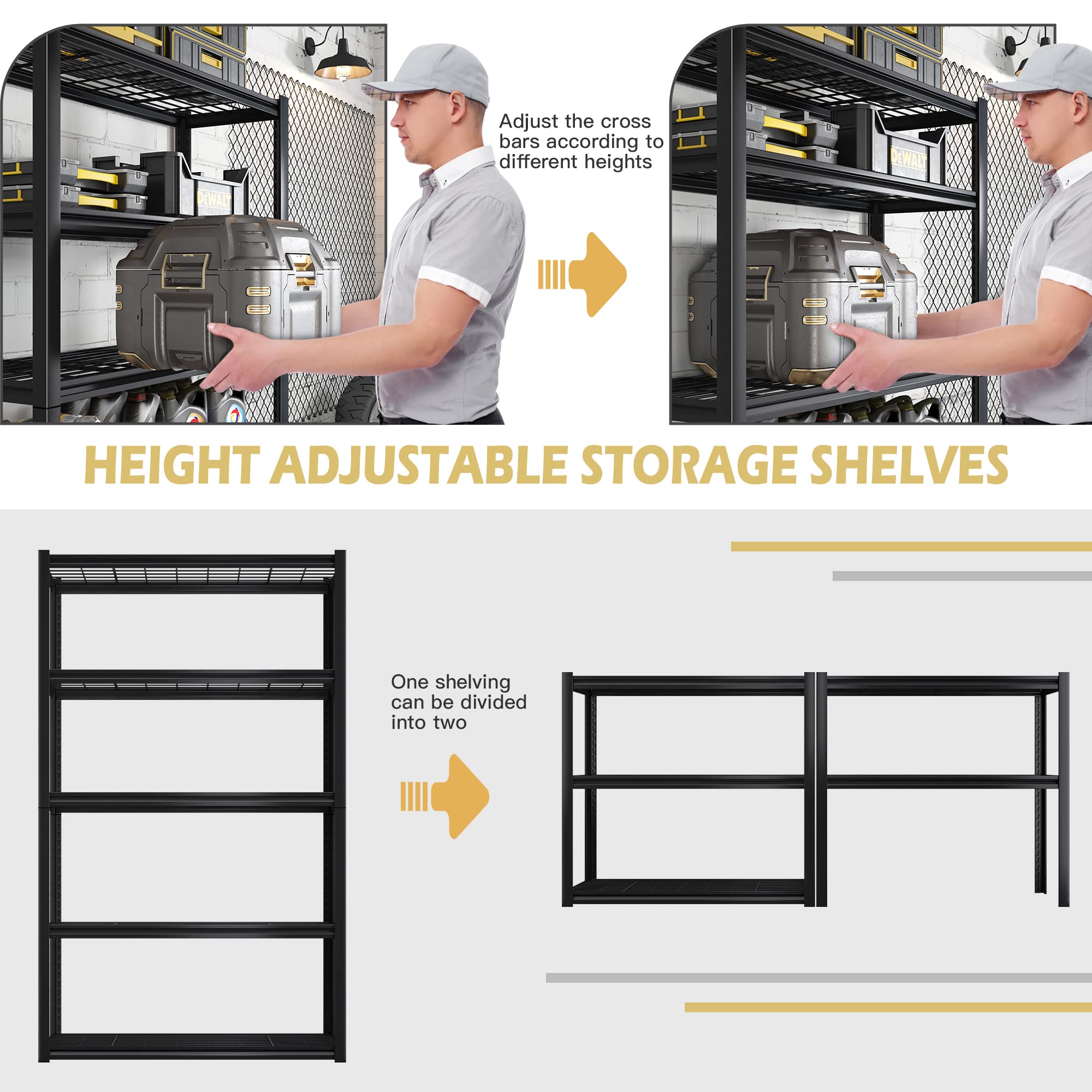 REIBII Garage Shelving Heavy Duty Load 2000Lbs Adjustable 5-Tier Garage Storage Shelves Heavy Duty Metal Shelving for Garage Storage Rack Shelf for Shed, Pantry, Basement 16" D x 36" W x 72" H 2 Pack