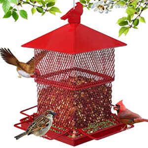 wantelfor hanging bird feeders,large wild bird seed feeders outside,6.5lb heavy duty metal squirrel proof bird feeders for outdoors hanging(red)
