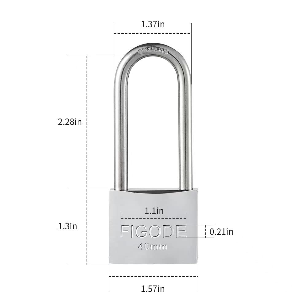 FIGODE® Marine Grade Rustproof Padlock with Stainless Steel Shackle and Chrome Plated Brass Body, Outdoor Padlock Weatherproof, Keyed Different, 2.3 in. Long Shackle, 1 Pack