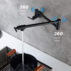 WELLFOR Pot Filler Faucet W/360 Degree Rotatable, Home Commercial Wall Mount Faucet, Solid Brass Folding Faucet with Stretchable Double Joint Swing Arm, Matte Black