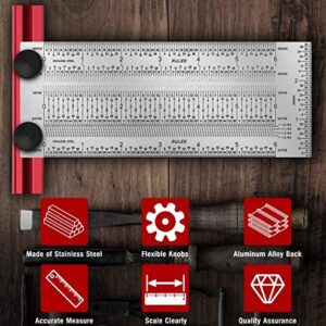 Smgda 12 Inch T-Rule, Precision Marking T Rule, Woodworking T Square Ruler, Stainless Steel Hole Positioning Scribing Tool, Carpenter Measuring T-Square, with Pencil & 0.5mm Pencil Refill