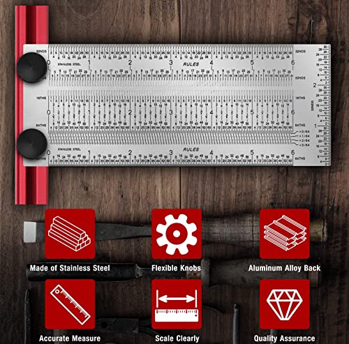 Smgda 12 Inch T-Rule, Precision Marking T Rule, Woodworking T Square Ruler, Stainless Steel Hole Positioning Scribing Tool, Carpenter Measuring T-Square, with Pencil & 0.5mm Pencil Refill