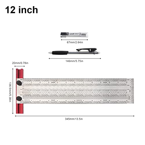 Smgda 12 Inch T-Rule, Precision Marking T Rule, Woodworking T Square Ruler, Stainless Steel Hole Positioning Scribing Tool, Carpenter Measuring T-Square, with Pencil & 0.5mm Pencil Refill